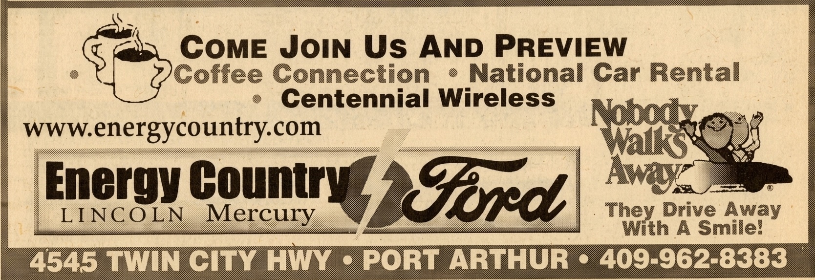 Historic Energy Country Ford newspaper advertisement featuring the Nobody Walks Away slogan