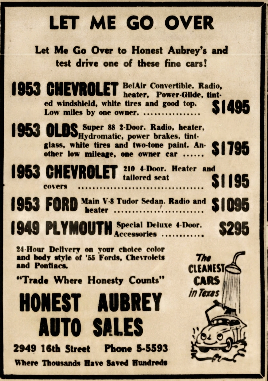 Historic Honest Aubrey Auto Sales newspaper advertisement