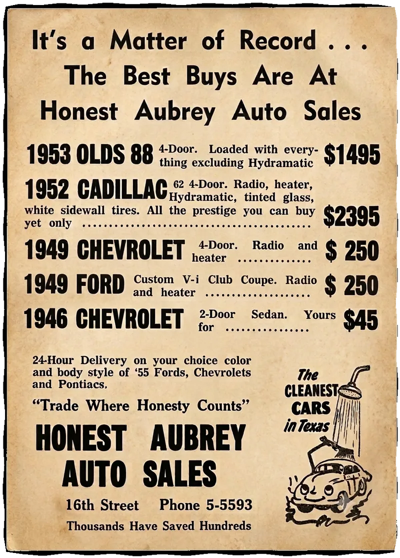 Historic Honest Aubrey Auto Sales newspaper advertisement featuring the honesty tagline