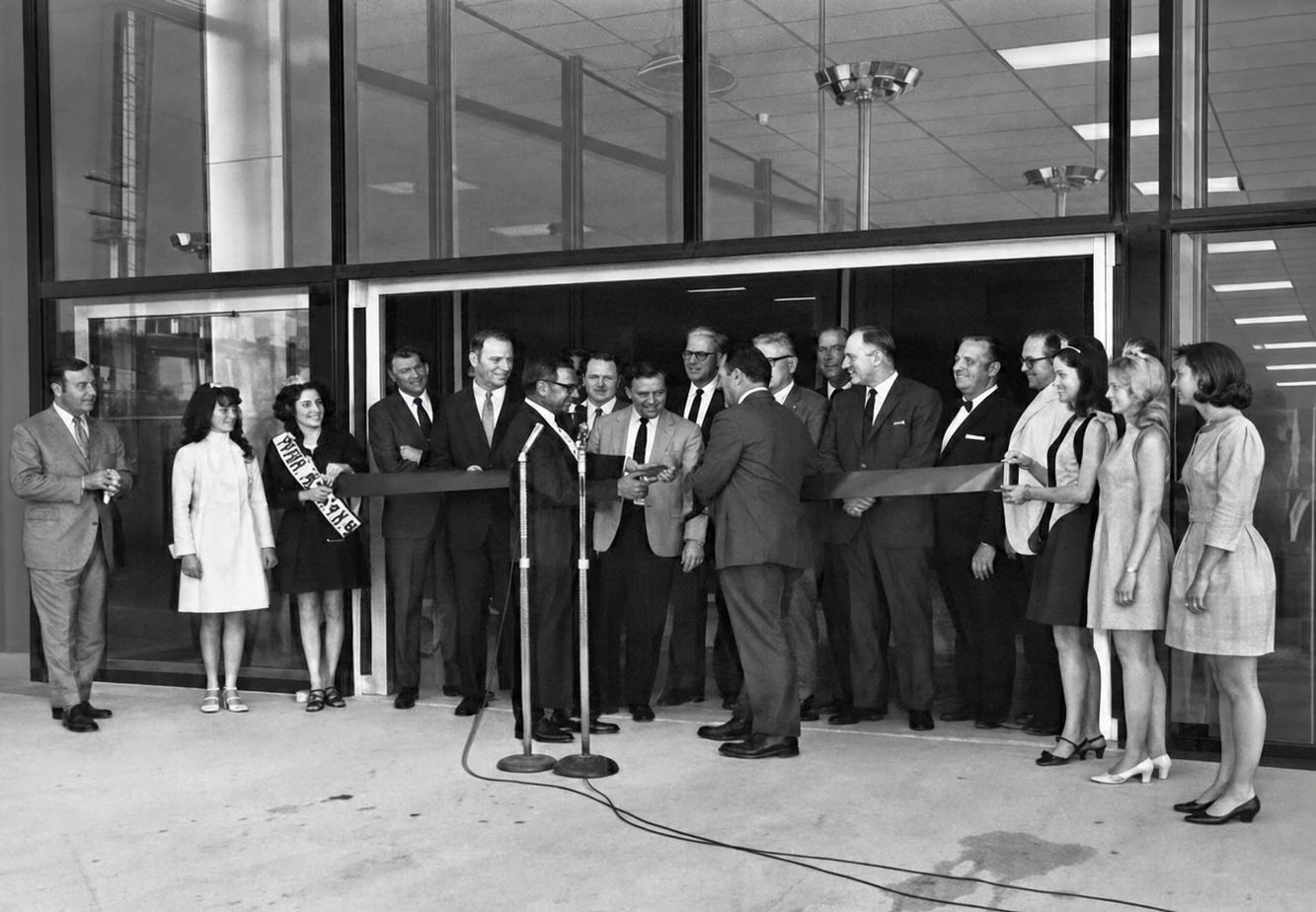 Aubrey Raiford cutting the ribbon at Raiford Motors in 1969
